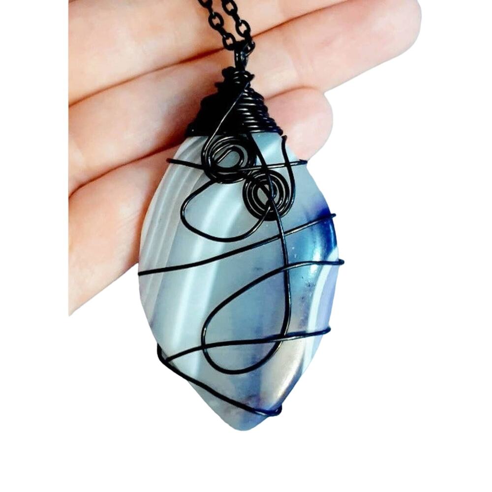 Handmade Purple and White Agate Slice Wire Wrapped Pendant Necklace